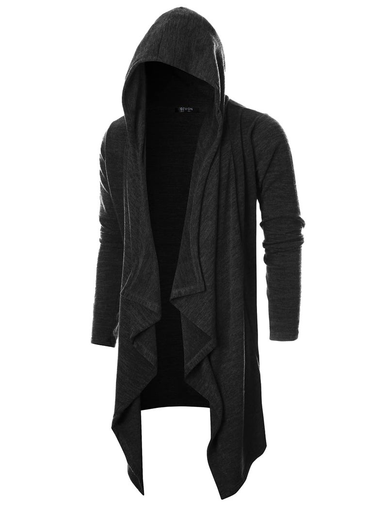 GIVON Mens Hooded Cardigan Ruffle Shawl Collar Drape Cape Overcoat with Pockets & Oversized Hood / DCC145-BLACK-S - Image 1